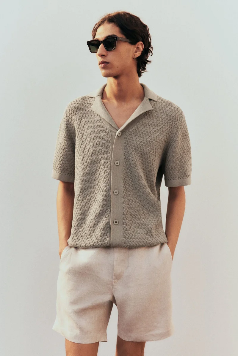 H&M 002-19-232-Khaki Medium Dusty Regular Fit Textured-knit resort shirt for Men | Best Price UAE