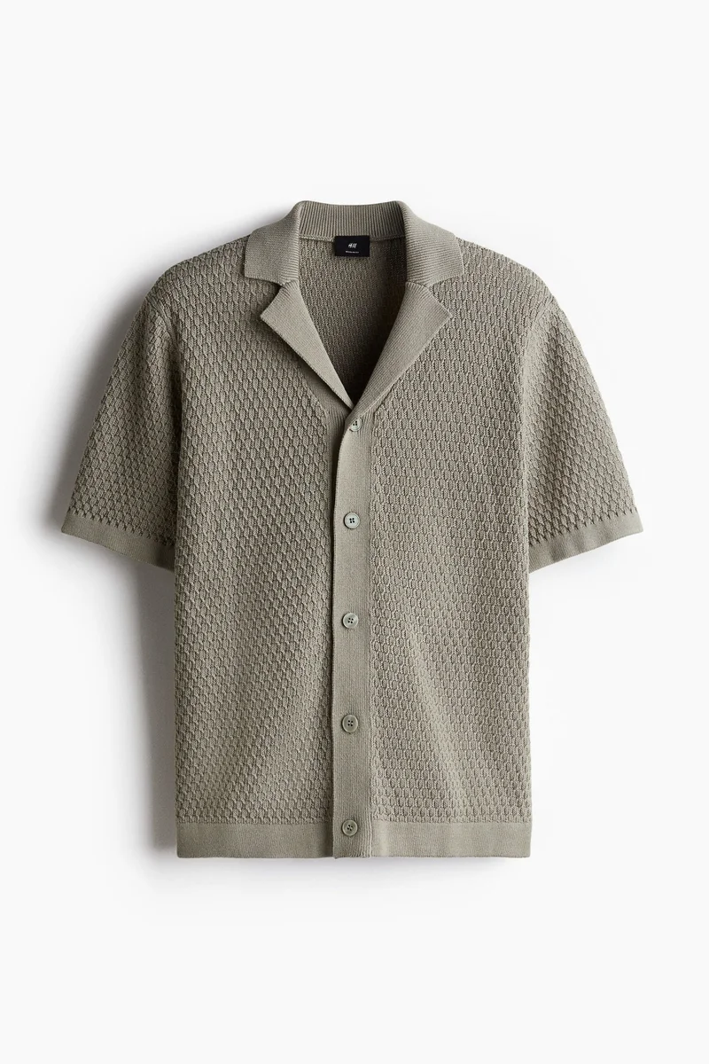 H&M 002-19-232-Khaki Medium Dusty Regular Fit Textured-knit resort shirt for Men | Best Price UAE