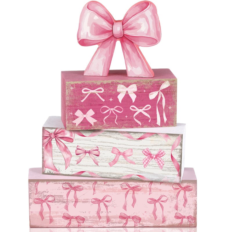 Conelist 4 Pcs Pink Bow Room Decoration Galentines Coquette Gift Pink Bow Block Sign Centerpiece for Table Gift for Teen Girl Birthday Bachelorette Bridal Wedding Baby Shower Valentines Party Supplies - Image 1