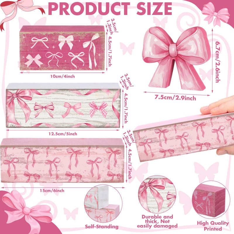 Conelist 4 Pcs Pink Bow Room Decoration Galentines Coquette Gift Pink Bow Block Sign Centerpiece for Table Gift for Teen Girl Birthday Bachelorette Bridal Wedding Baby Shower Valentines Party Supplies - Image 3