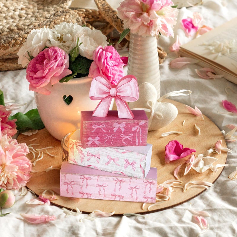 Conelist 4 Pcs Pink Bow Room Decoration Galentines Coquette Gift Pink Bow Block Sign Centerpiece for Table Gift for Teen Girl Birthday Bachelorette Bridal Wedding Baby Shower Valentines Party Supplies - Image 5