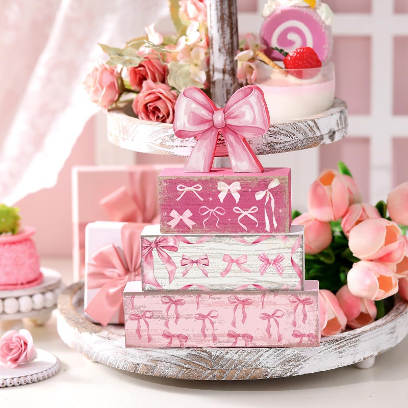Conelist 4 Pcs Pink Bow Room Decoration Galentines Coquette Gift Pink Bow Block Sign Centerpiece for Table Gift for Teen Girl Birthday Bachelorette Bridal Wedding Baby Shower Valentines Party Supplies - Image 4