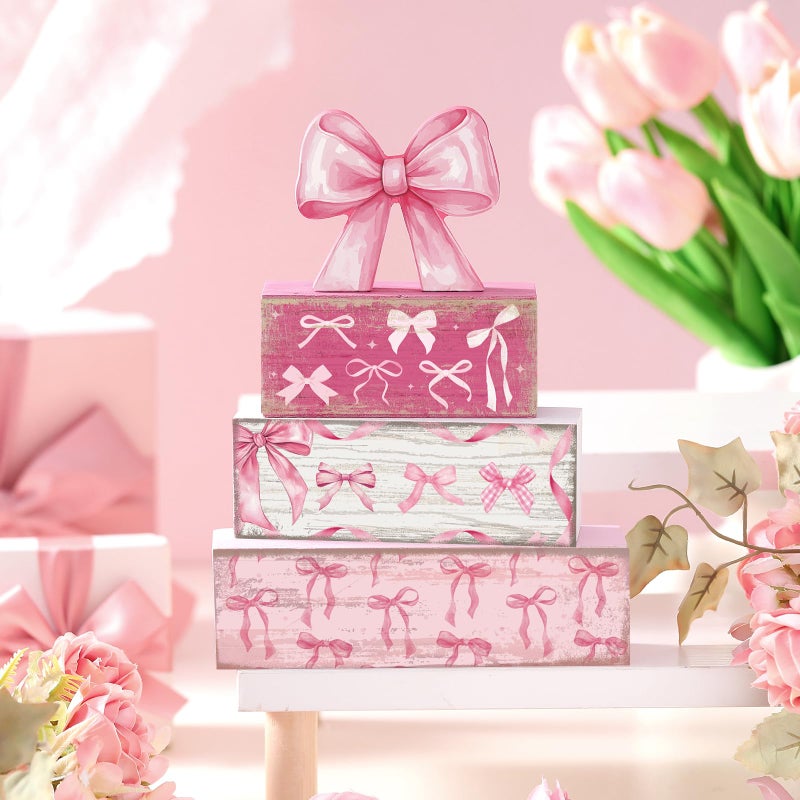 Conelist 4 Pcs Pink Bow Room Decoration Galentines Coquette Gift Pink Bow Block Sign Centerpiece for Table Gift for Teen Girl Birthday Bachelorette Bridal Wedding Baby Shower Valentines Party Supplies - Image 2