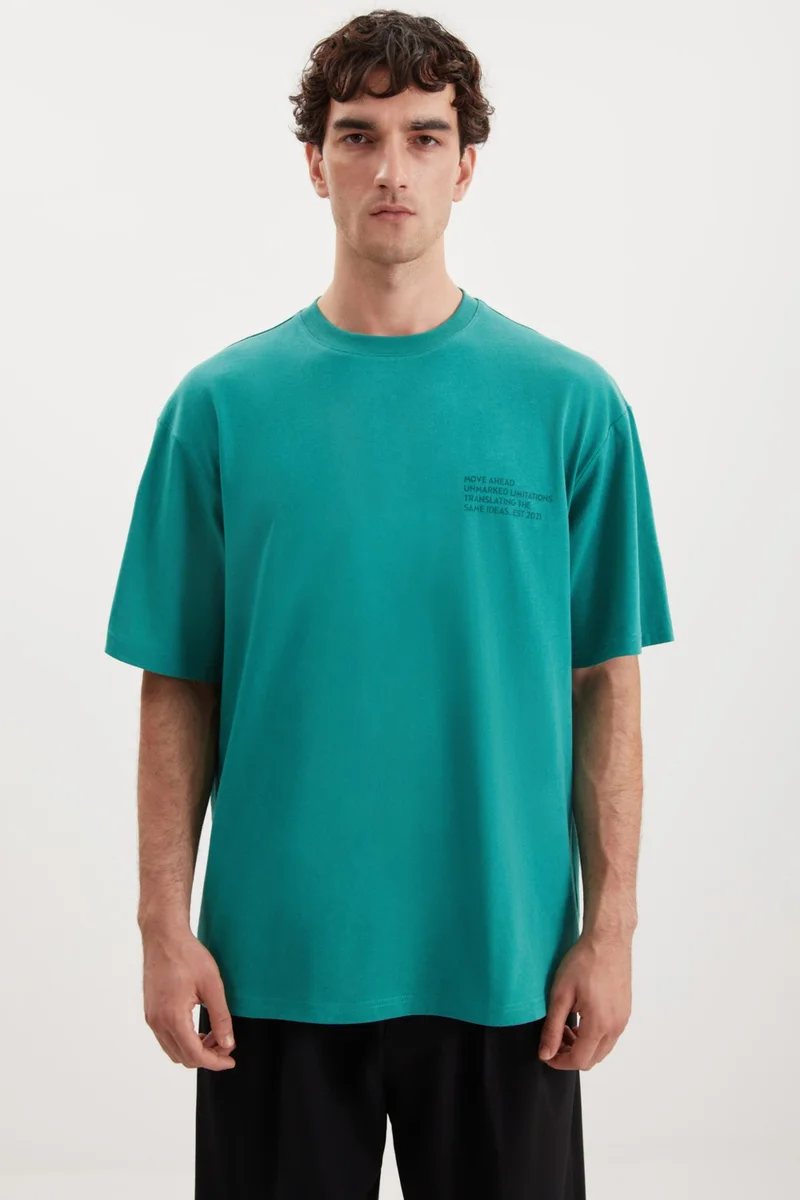 GRIMELANGE Darell Men's Oversize Fit Cotton Thick Textured Printed Green T-Shirt
