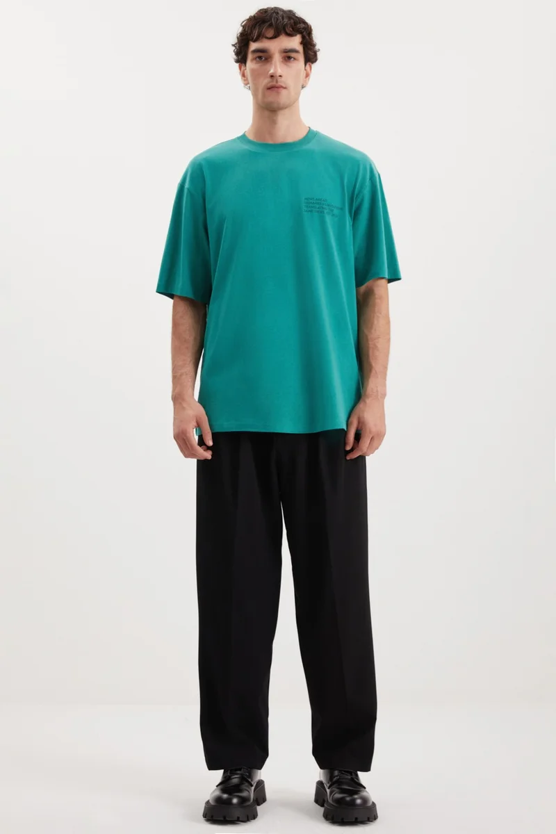 GRIMELANGE Darell Men's Oversize Fit Cotton Thick Textured Printed Green T-Shirt