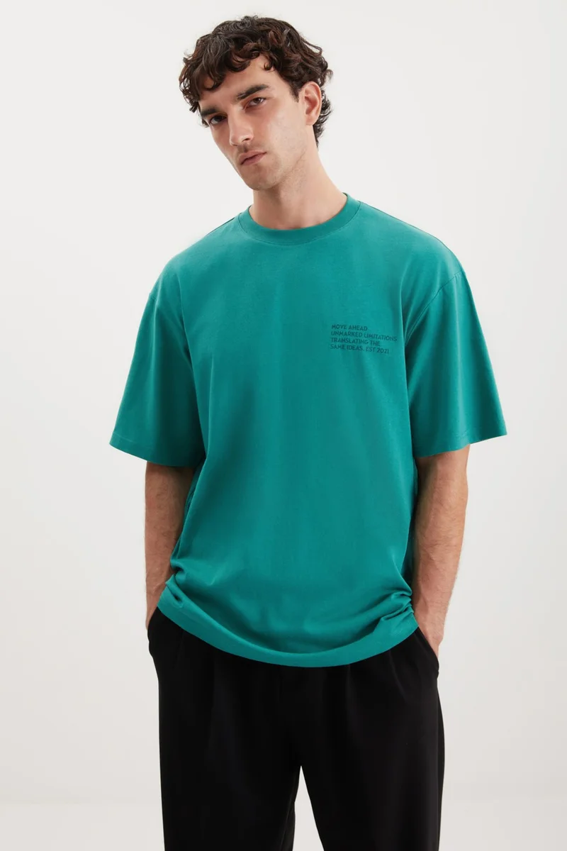 GRIMELANGE Darell Men's Oversize Fit Cotton Thick Textured Printed Green T-Shirt
