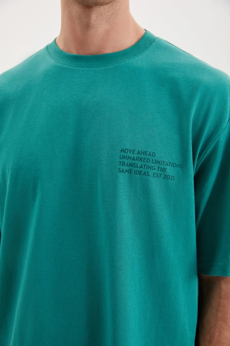 GRIMELANGE Darell Men's Oversize Fit Cotton Thick Textured Printed Green T-Shirt