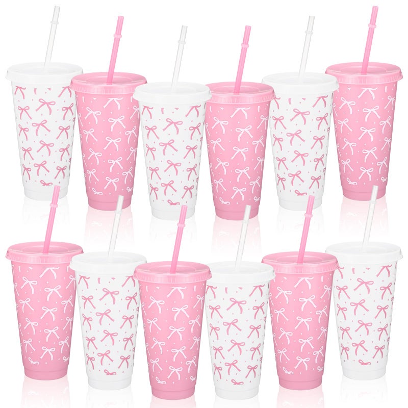 Pickmesh 12 Pcs 24 oz Plastic Cups with Lids and Straws Bulk Gift Reusable Coffee Cups Coffee Tumbler Decoration Birthday Wedding Baby Shower Party Supply Pink Bow