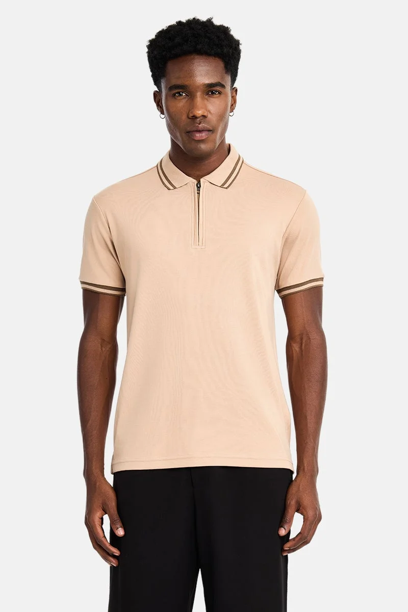 SNITCH Beige Solid Half Sleeve Slim Fit Casual T-Shirt