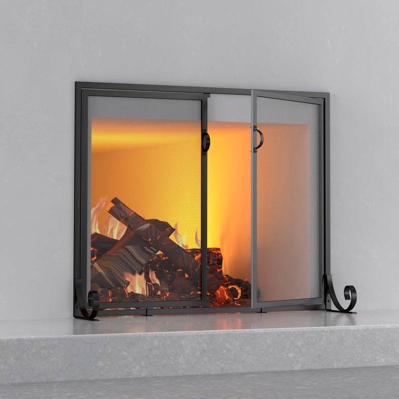 Fire Beauty Fire Beauty Fireplace Screen with Hinged Doors Powder Coated Steel Frame Metal Mesh Handcrafted Solid SteelDecorative Design