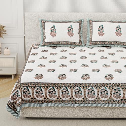 DE CAMA Since 1997 | 100% Cotton 300 TC Premium King Size Bedsheet for Double Bed (90 x 108 Inch) with 2 Pillow Covers Set (17 x 27 Inch) Hand Block Printed Bedsheet Set - Green Elegance - Image 1