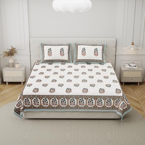 DE CAMA Since 1997 | 100% Cotton 300 TC Premium King Size Bedsheet for Double Bed (90 x 108 Inch) with 2 Pillow Covers Set (17 x 27 Inch) Hand Block Printed Bedsheet Set - Green Elegance - Image 3