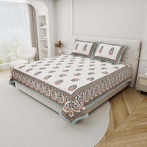 DE CAMA Since 1997 | 100% Cotton 300 TC Premium King Size Bedsheet for Double Bed (90 x 108 Inch) with 2 Pillow Covers Set (17 x 27 Inch) Hand Block Printed Bedsheet Set - Green Elegance - Image 2