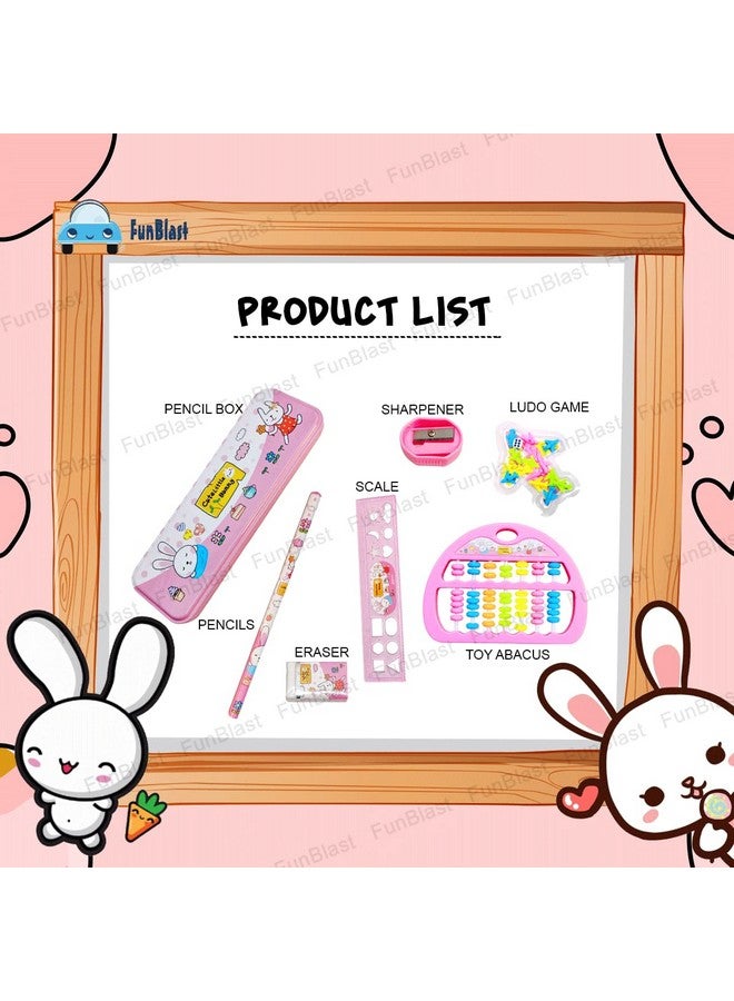 فنبلاست مجموعة أدوات مكتبية من فن بلاست كاواي للأطفال - هدايا إرجاع الأدوات المكتبية للأطفال، مجموعة أدوات مكتبية للطلاب، علبة أقلام، مسطرة، ممحاة، مبراة مع لعبة لودو وعداد ألعاب، هدايا عيد ميلاد (وردي-أرنب) - Image 2