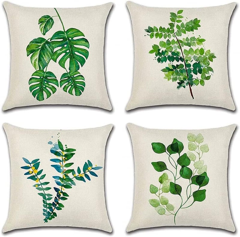 Luckam Tropical Plant Theme Pillowcase, 18 x 18 Inches, Green Leaves Pattern Waterproof Cushion Covers, Perfect to Outdoor Patio Garden Living Room Sofa Farmhouse Decor (Set of 4) - Image 1