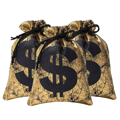 RICHNESS Money Bag with Dollar Sign 45X6 Inch Faux Leather Costume Money Bag Pouch with Drawstring Closure Treasure Sack for Bank Robber Old West Pirate Cowboy Casino Theme party Pack of 12 - Image 1
