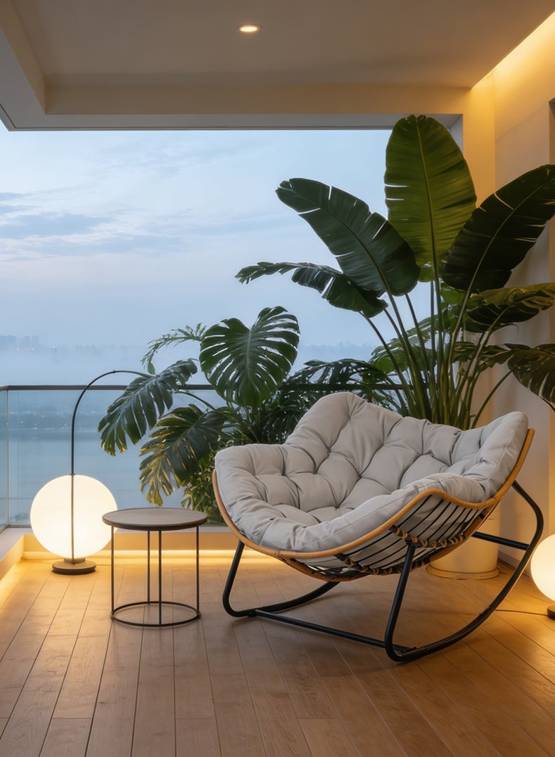 كرسي هزاز فاخر من الروطان مع وسادة مبطنة، كرسي هزاز مريح، كرسي هزاز مزدوج للشرفة أو الحديقة أو الشرفة الأمامية أو غرفة المعيشة - Image 1