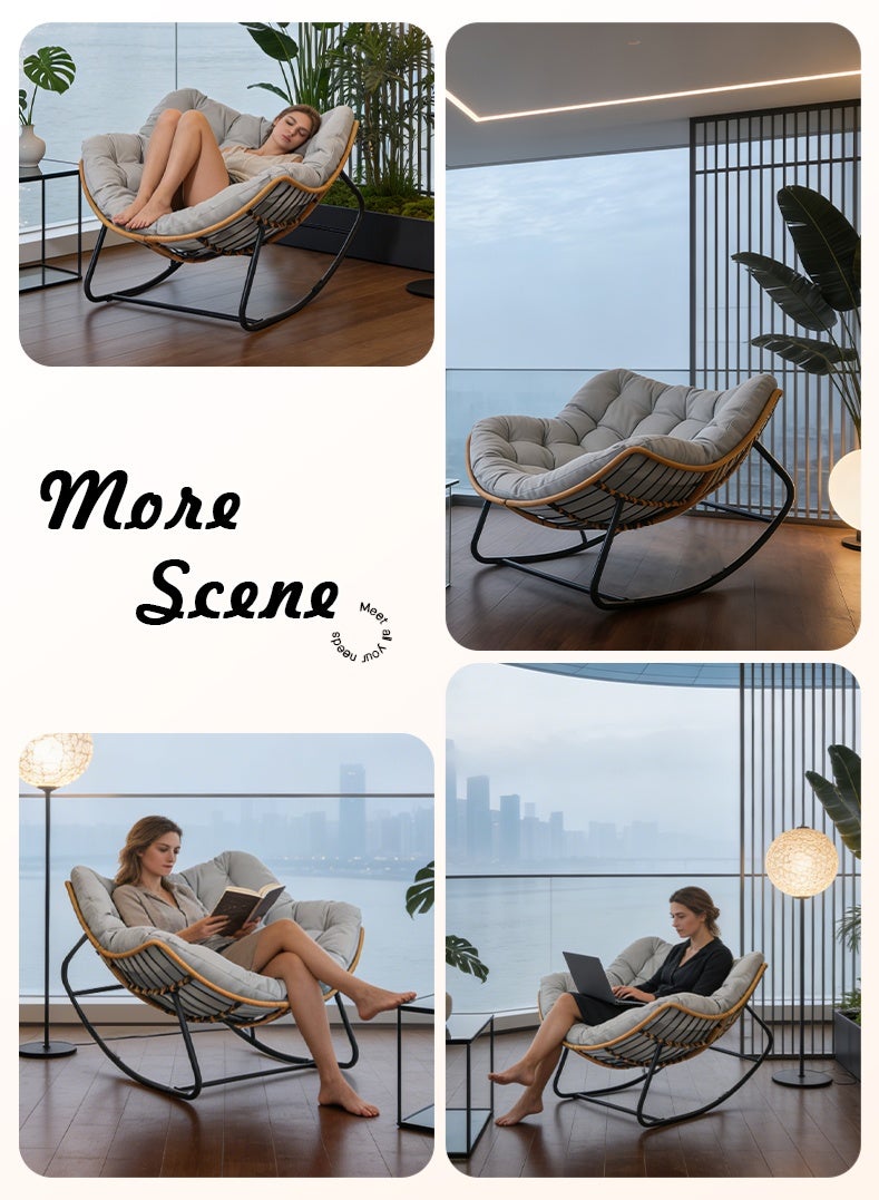 كرسي هزاز فاخر من الروطان مع وسادة مبطنة، كرسي هزاز مريح، كرسي هزاز مزدوج للشرفة أو الحديقة أو الشرفة الأمامية أو غرفة المعيشة - Image 2