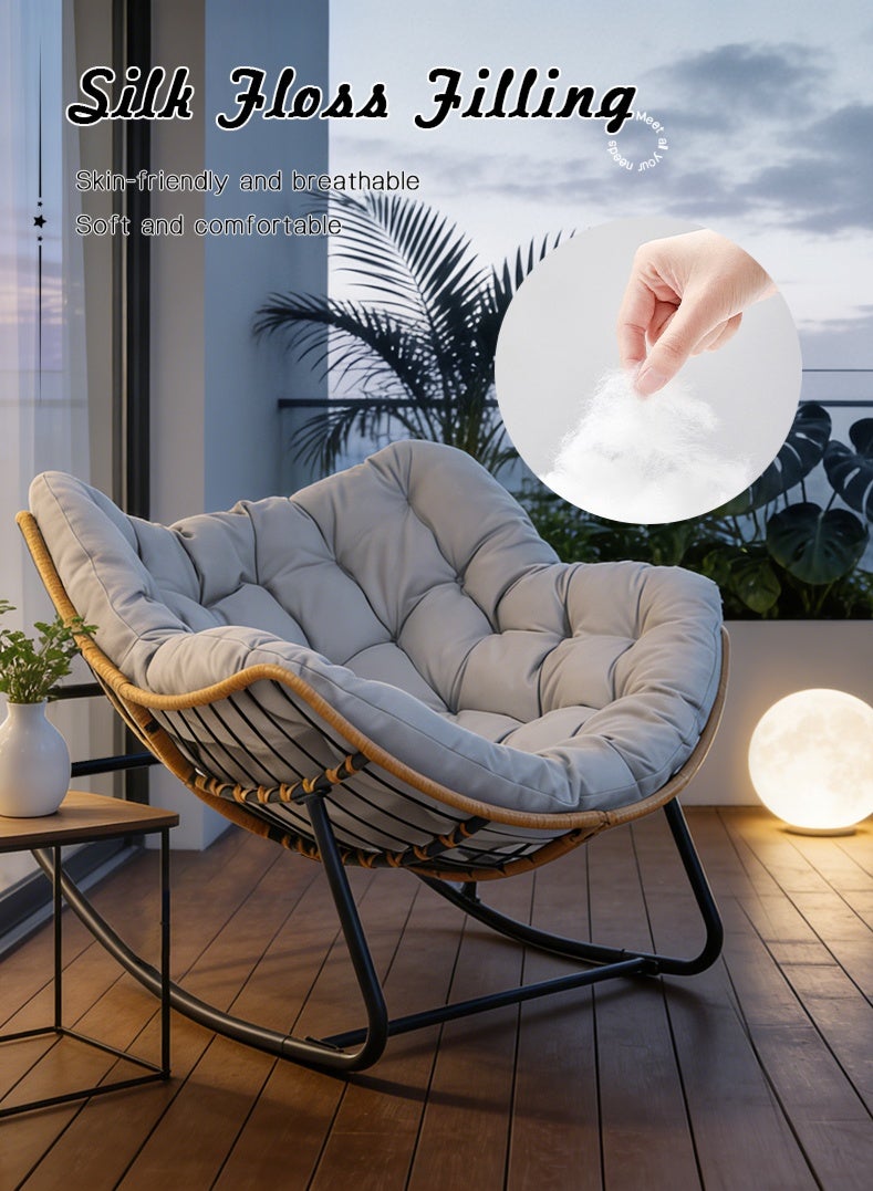 كرسي هزاز فاخر من الروطان مع وسادة مبطنة، كرسي هزاز مريح، كرسي هزاز مزدوج للشرفة أو الحديقة أو الشرفة الأمامية أو غرفة المعيشة - Image 3