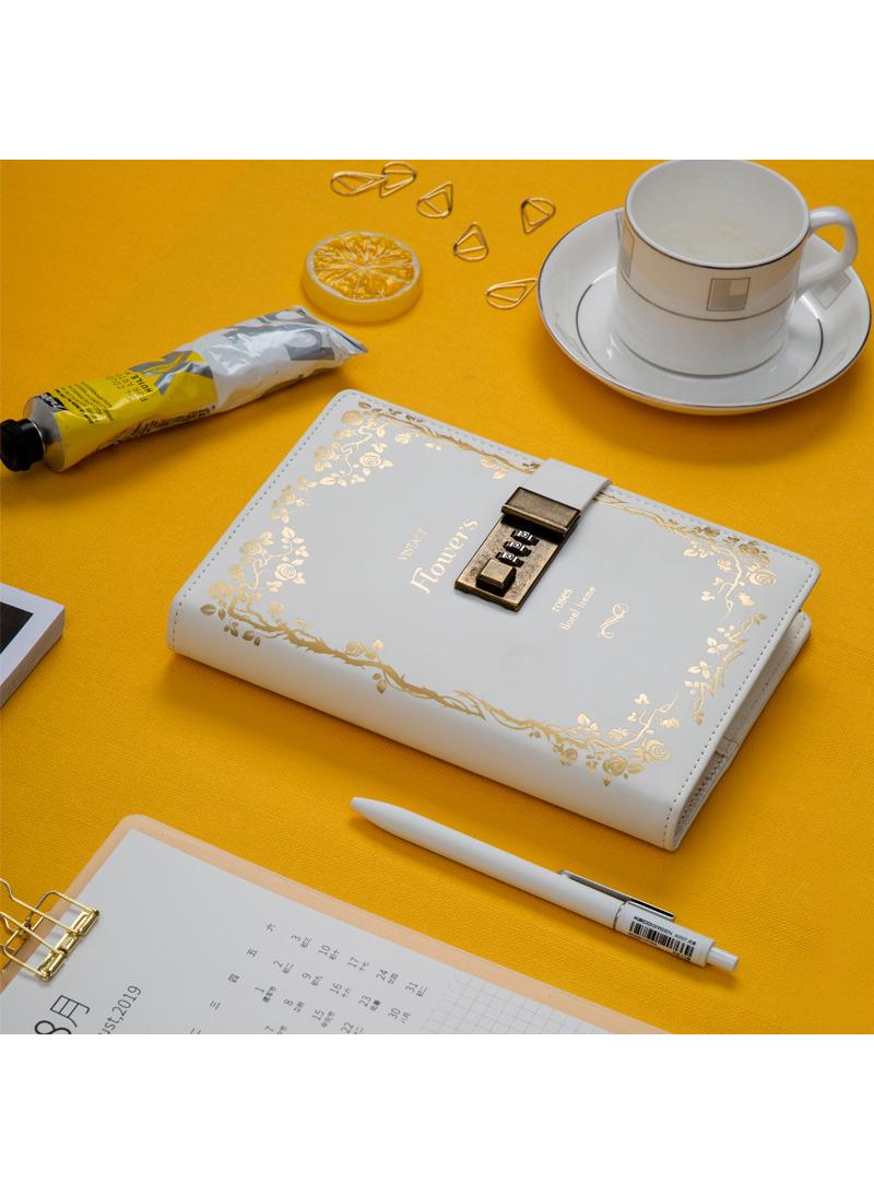 PU Leather Cover European Vintage Style Lock Journal Dark White/Gold - Image 2