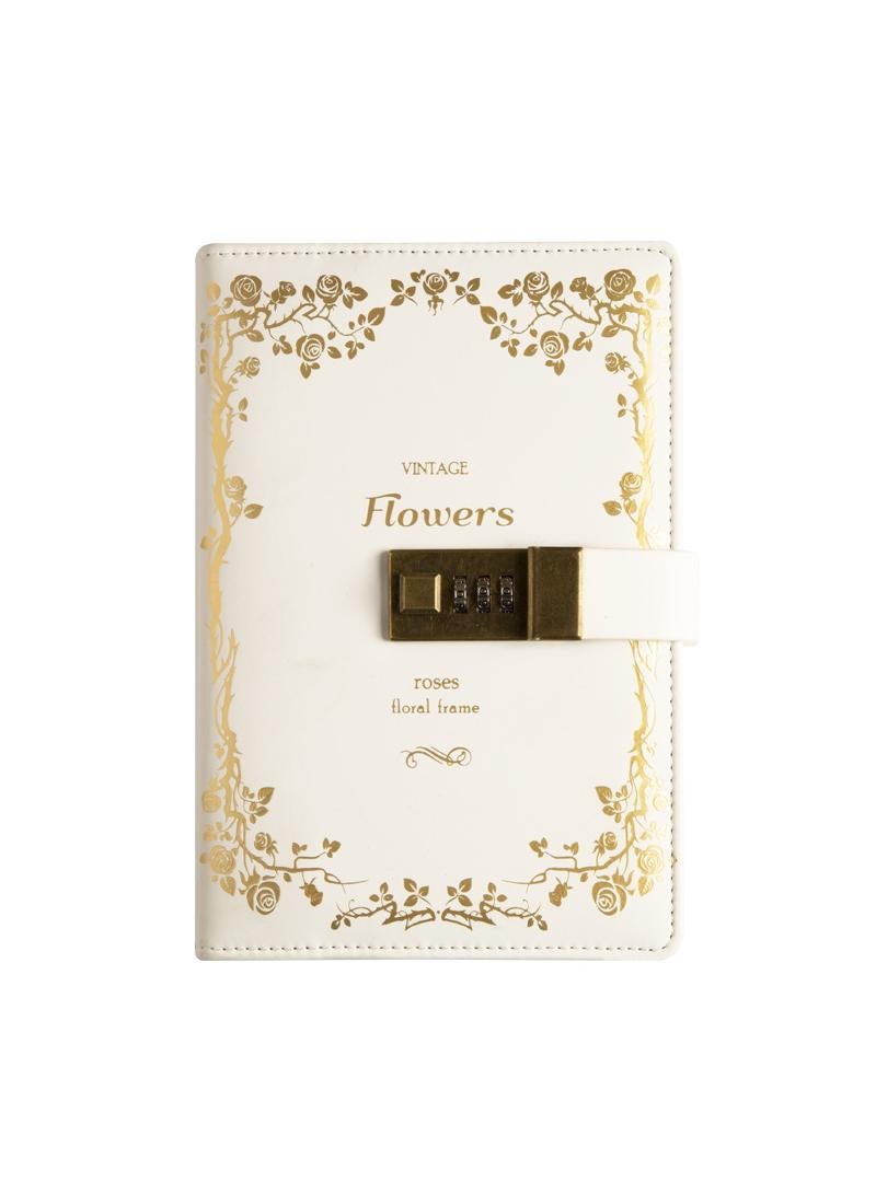 PU Leather Cover European Vintage Style Lock Journal Dark White/Gold - Image 1