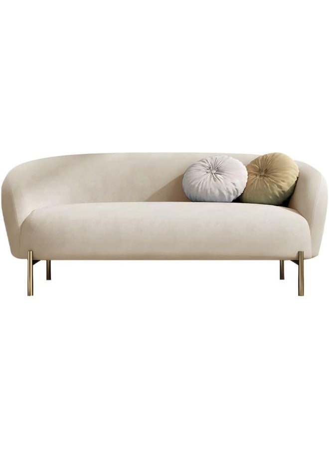 Ripple FURNITURE UAE Homes Modern Curved Velvet Sofa, Gold Metal Legs, 2 Round Accent Pillows, Cream (Off White) - Image 1