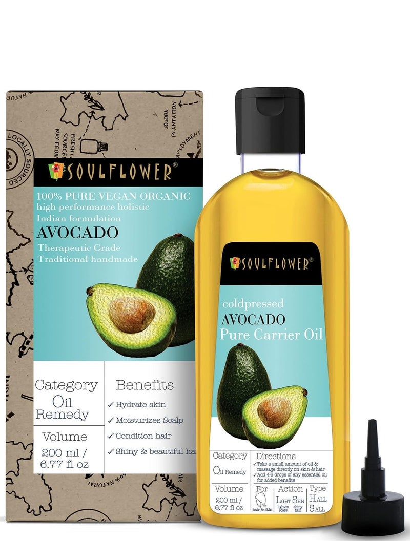 Soulflower Soulflower Avocado Carrier Oil For Hair Growth, Face & Skin Care, Controls Acne, Moisturizing Scalp - 100% Pure, Organic, Natural Cold Pressed Oil, 6.77 Fl Oz / 200 ml - Image 1