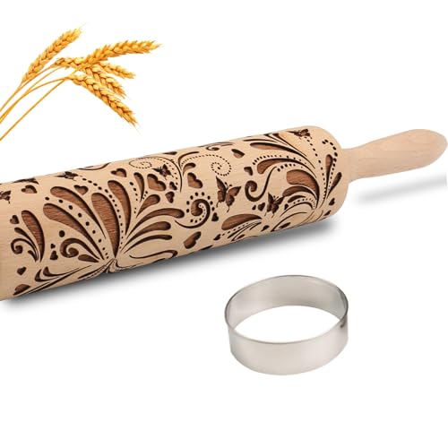 Big Role Embossed Rolling Pin for Baking Cookies Embossing Rolling Pins with Design Wooden Engraved Springerle Roller Pin Dough Christmas Patterned Clay Pottery Ceramic Bakers Women (Floral Butterfly Flower) - Image 1