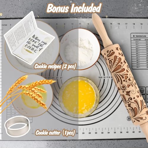 Big Role Embossed Rolling Pin for Baking Cookies Embossing Rolling Pins with Design Wooden Engraved Springerle Roller Pin Dough Christmas Patterned Clay Pottery Ceramic Bakers Women (Floral Butterfly Flower) - Image 4