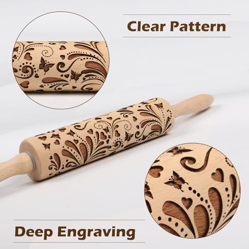 Big Role Embossed Rolling Pin for Baking Cookies Embossing Rolling Pins with Design Wooden Engraved Springerle Roller Pin Dough Christmas Patterned Clay Pottery Ceramic Bakers Women (Floral Butterfly Flower) - Image 3