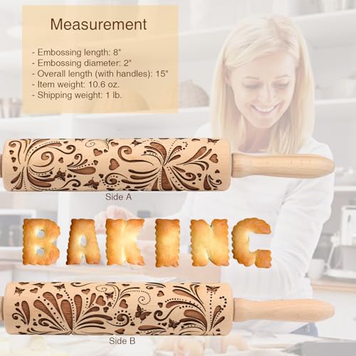 Big Role Embossed Rolling Pin for Baking Cookies Embossing Rolling Pins with Design Wooden Engraved Springerle Roller Pin Dough Christmas Patterned Clay Pottery Ceramic Bakers Women (Floral Butterfly Flower) - Image 5