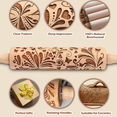 Big Role Embossed Rolling Pin for Baking Cookies Embossing Rolling Pins with Design Wooden Engraved Springerle Roller Pin Dough Christmas Patterned Clay Pottery Ceramic Bakers Women (Floral Butterfly Flower) - Image 2
