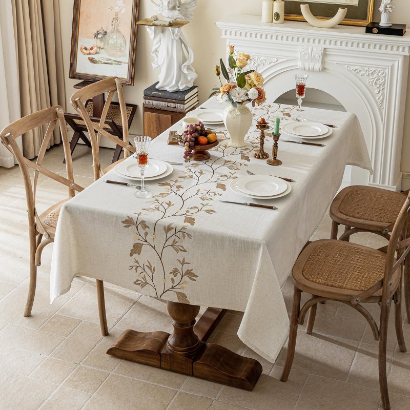 Joyfol Day Rustic Waterproof Linen Tablecloth Heavy Weight Beige Embroidery Table Cloths for Rectangle Tables Burlap Farmhouse Table Covers Coffee Leaves 55x 86