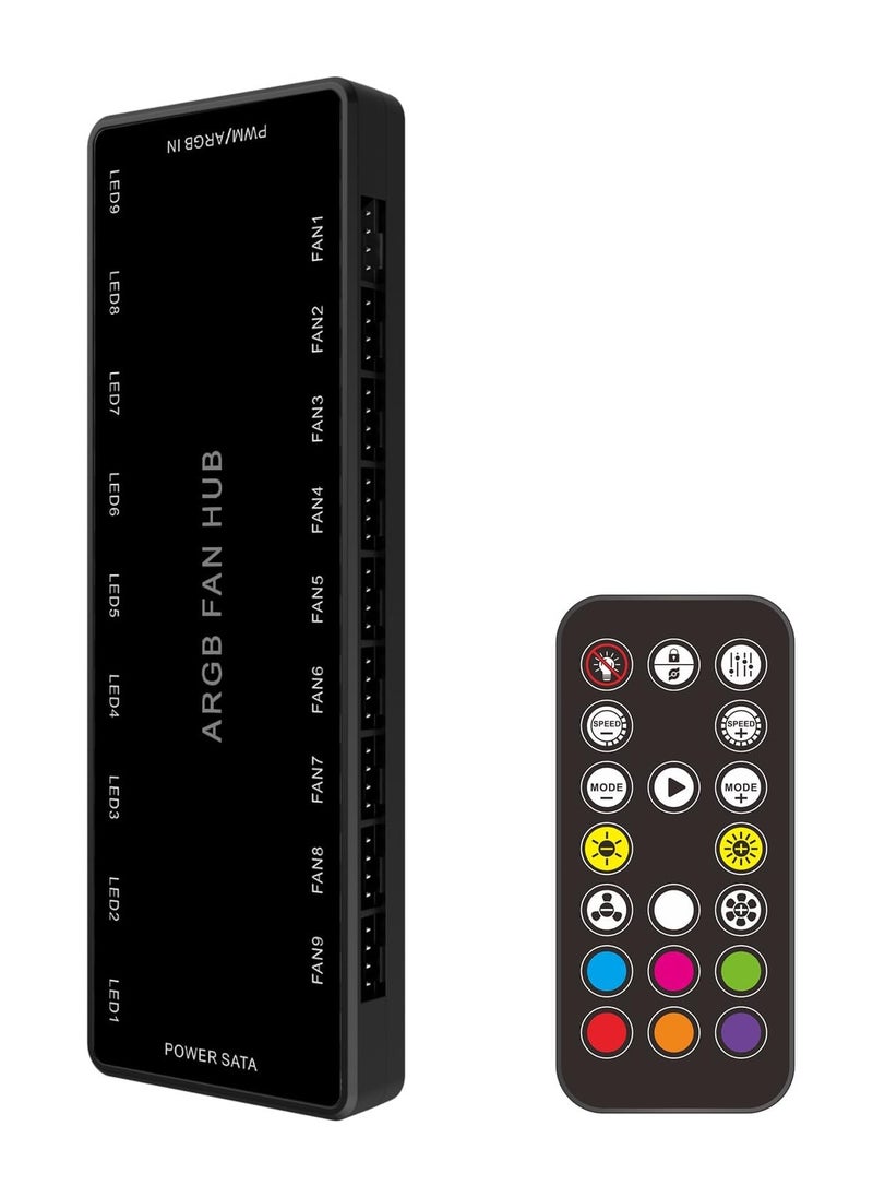 تراسل محور مروحة ARGB PWM، محور مروحة ARGB 5V-3PIN ARGB 12V 4PIN PWM 2 في 1 RWM، محور مروحة علبة علبة RGB 2 في 1 مع وحدة تحكم ومدخل طاقة SATA، 9 منافذ للمروحة و9 منافذ LED، محور مروحة الكمبيوتر الشخصي يدعم 9 مراوح ARGB PWM للكمبيوتر  - Image 1