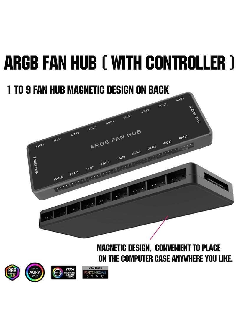 تراسل محور مروحة ARGB PWM، محور مروحة ARGB 5V-3PIN ARGB 12V 4PIN PWM 2 في 1 RWM، محور مروحة علبة علبة RGB 2 في 1 مع وحدة تحكم ومدخل طاقة SATA، 9 منافذ للمروحة و9 منافذ LED، محور مروحة الكمبيوتر الشخصي يدعم 9 مراوح ARGB PWM للكمبيوتر  - Image 2