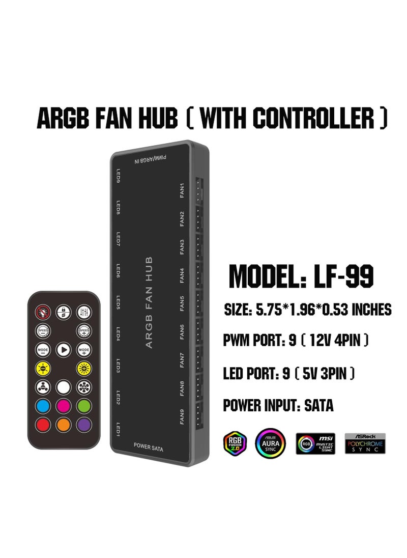 تراسل محور مروحة ARGB PWM، محور مروحة ARGB 5V-3PIN ARGB 12V 4PIN PWM 2 في 1 RWM، محور مروحة علبة علبة RGB 2 في 1 مع وحدة تحكم ومدخل طاقة SATA، 9 منافذ للمروحة و9 منافذ LED، محور مروحة الكمبيوتر الشخصي يدعم 9 مراوح ARGB PWM للكمبيوتر  - Image 3