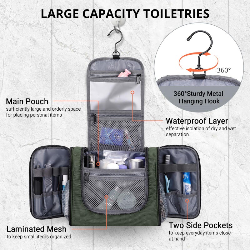 WITZMAN Toiletry Bag for Men Women Large Hanging Multi-organization Bathroom Bag Water-resistant Dopp Kit Shaving Bag Men(B690 Army Green) - Image 4