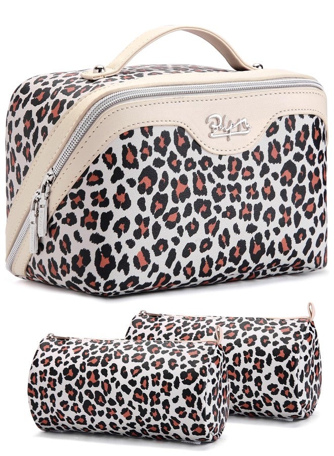 BOYATU Travel Makeup Bag for Women: 3 Pcs Set Portable Make up Bags with Handle - Leopard Print Cosmetic Bags with Comparments - Waterproof Vegan Leather Toiletry Bag (12-White) - Image 1