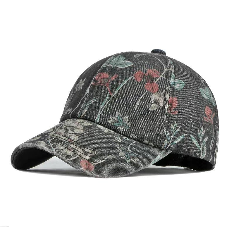 Spring Autumn Baseball Cap Women Denim Flower Print Japanese Hat