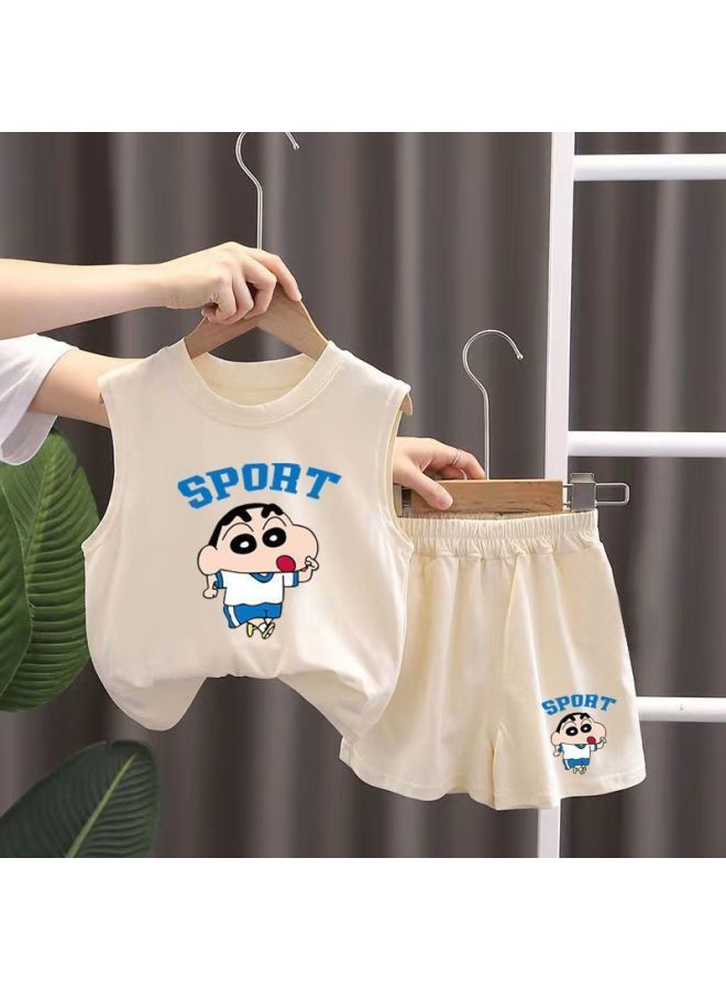 Generic Summer Dress Boy's Vest Suit Children's Western Style Baby's Aggressive Sleeveless Two-piece Set-Color:Apricot Crayon Shin-chan (Direct Sales)-Size:49 Yards Have Been Sold And Will Be Out - Image 1