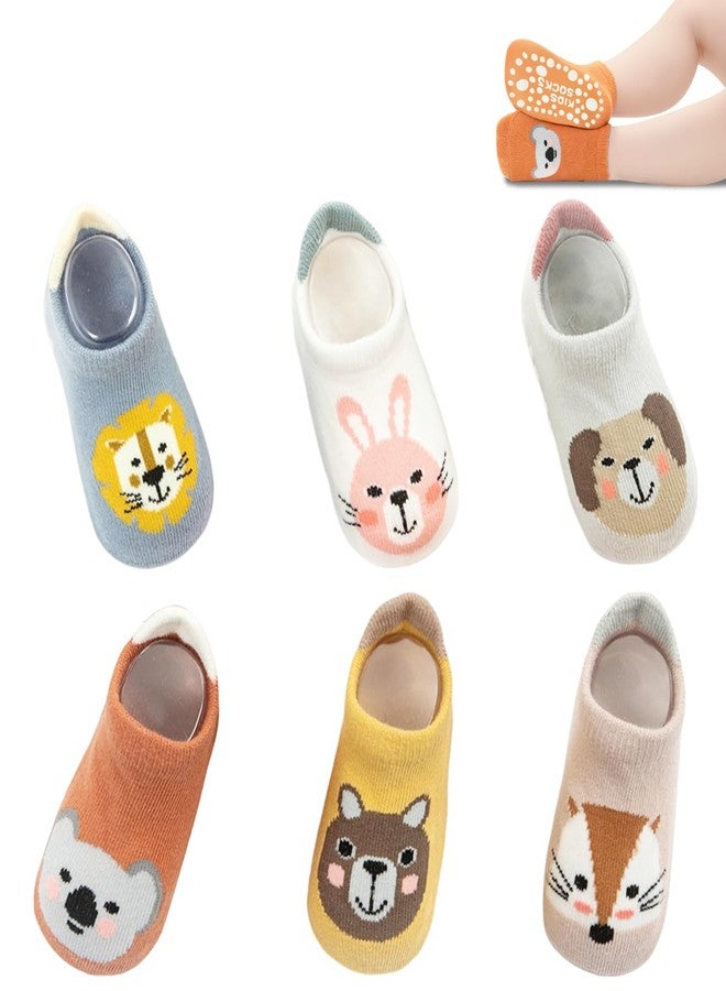 TecoKart® 6 Pairs Baby Anti-Slip Socks Set for Boys & Girls, Cute Cotton Cartoon Animal Thermal Socks for Kids 12-36 Months, Sweat-Absorbent, Non-Skid, Comfortable Baby Socks for Foot Length 12cm - Image 1
