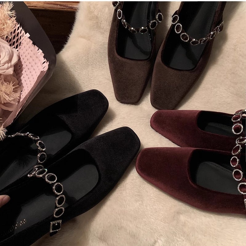 Cowhide Edition ~ Grape Mom Same French Square Head Shallow Mouth Drill Belt Low Heel Ballet Shoes Female Mary Jane Single Shoes Scoop - Image 3