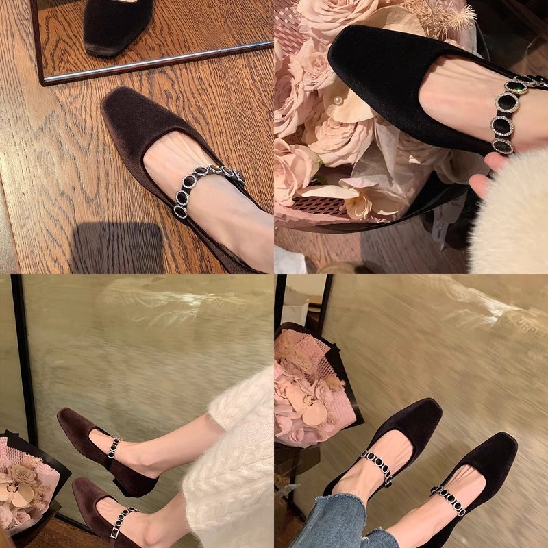 Cowhide Edition ~ Grape Mom Same French Square Head Shallow Mouth Drill Belt Low Heel Ballet Shoes Female Mary Jane Single Shoes Scoop - Image 4