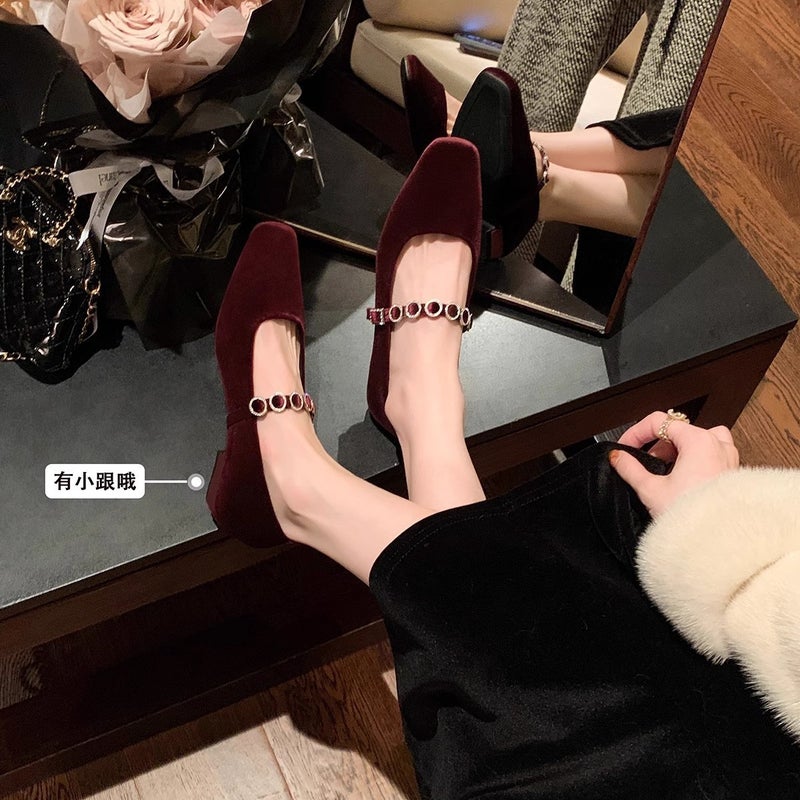 Cowhide Edition ~ Grape Mom Same French Square Head Shallow Mouth Drill Belt Low Heel Ballet Shoes Female Mary Jane Single Shoes Scoop - Image 2