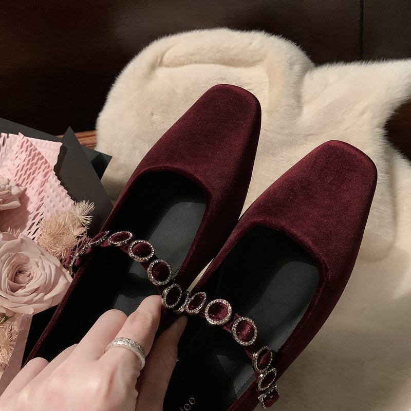 Cowhide Edition ~ Grape Mom Same French Square Head Shallow Mouth Drill Belt Low Heel Ballet Shoes Female Mary Jane Single Shoes Scoop - Image 1