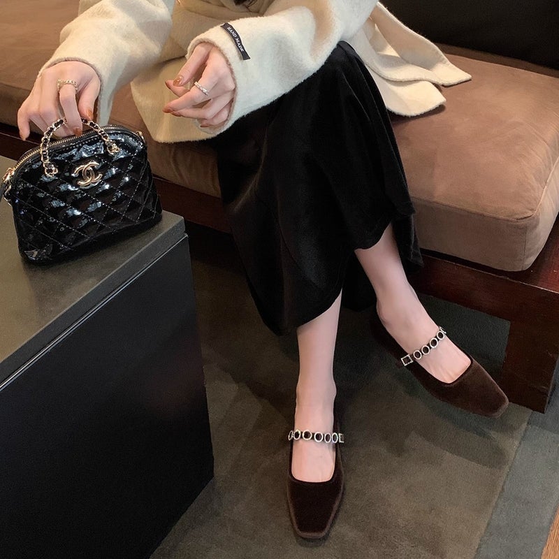 Cowhide Edition ~ Grape Mom Same French Square Head Shallow Mouth Drill Belt Low Heel Ballet Shoes Female Mary Jane Single Shoes Scoop - Image 5