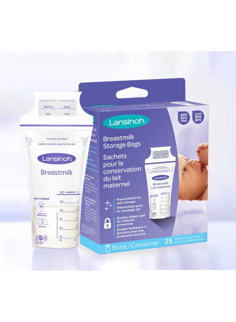 Lansinoh أكياس تخزين حليب الثدي 25 قطعة، 180 مل، سهلة الاستخدام لتخزين حليب الثدي للتغذية، مستلزمات الأطفال، معقمة مسبقًا، مختومة بشكل صحي ومزدوج للتجميد والتبريد - Image 1