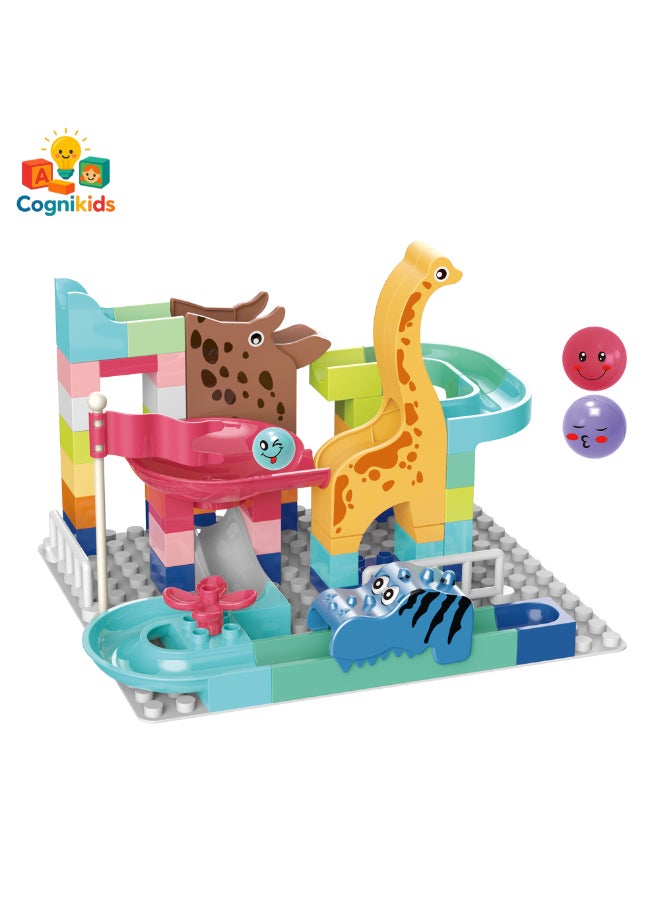 COGNIKIDS Dinosaur Park Track Slide Ball Building Blocks Set – 62Pcs Diy Stem Construction Toy For Kids Ages 3+ | Colorful Marble Run With Cartoon Dinosaurs | Imaginative Learning Gift - Image 2