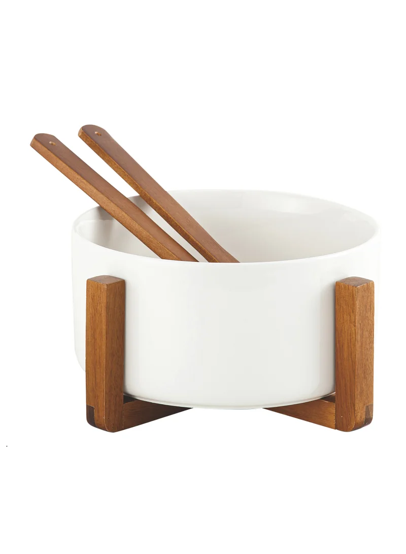 شالو Shallow Acacia Wood Porcelain Salad Bowl with Spoon, 20cm, Dinner Bowls, White & Brown