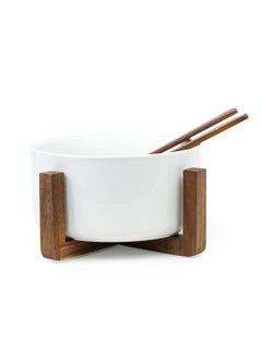 Shallow Shallow Acacia Wood Porcelain Salad Bowl with Spoon, 20cm, Dinner Bowls, White & Brown  - Image 3